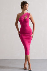 Dark Pink Asymmetric Ruched Midi Dress